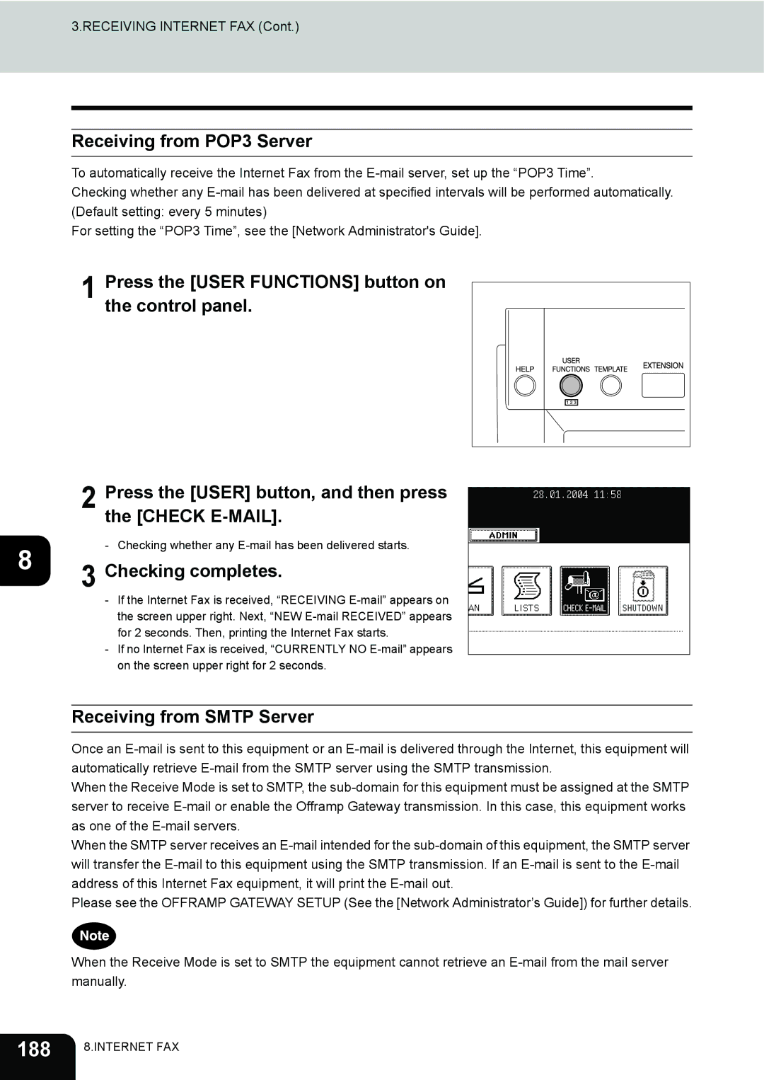 Toshiba 230, 280 manual 188, Receiving from POP3 Server, Checking completes, Receiving from Smtp Server 
