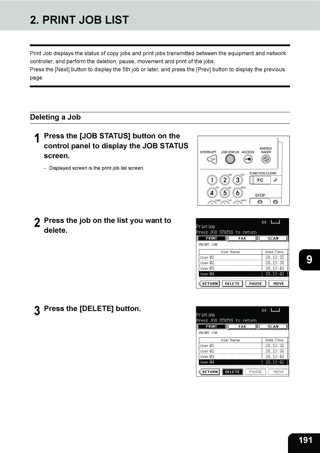 Toshiba 280, 230 manual Print JOB List, 191 