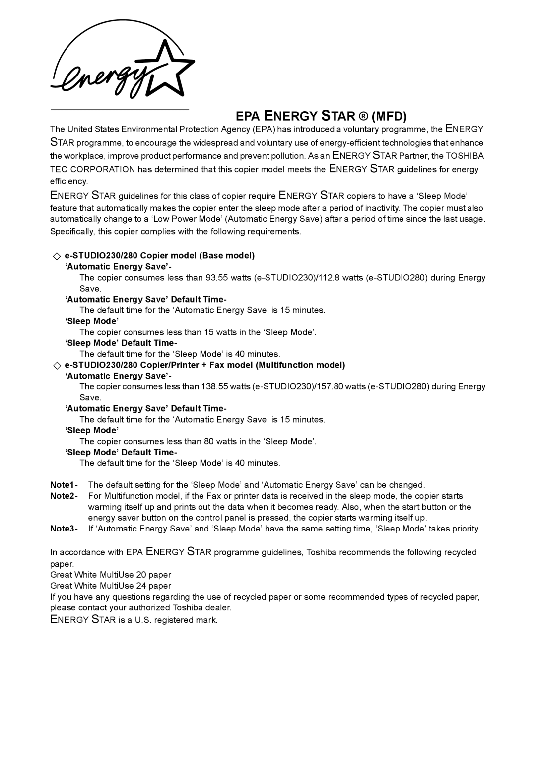Toshiba 230, 280 manual EPA Energy Star MFD 