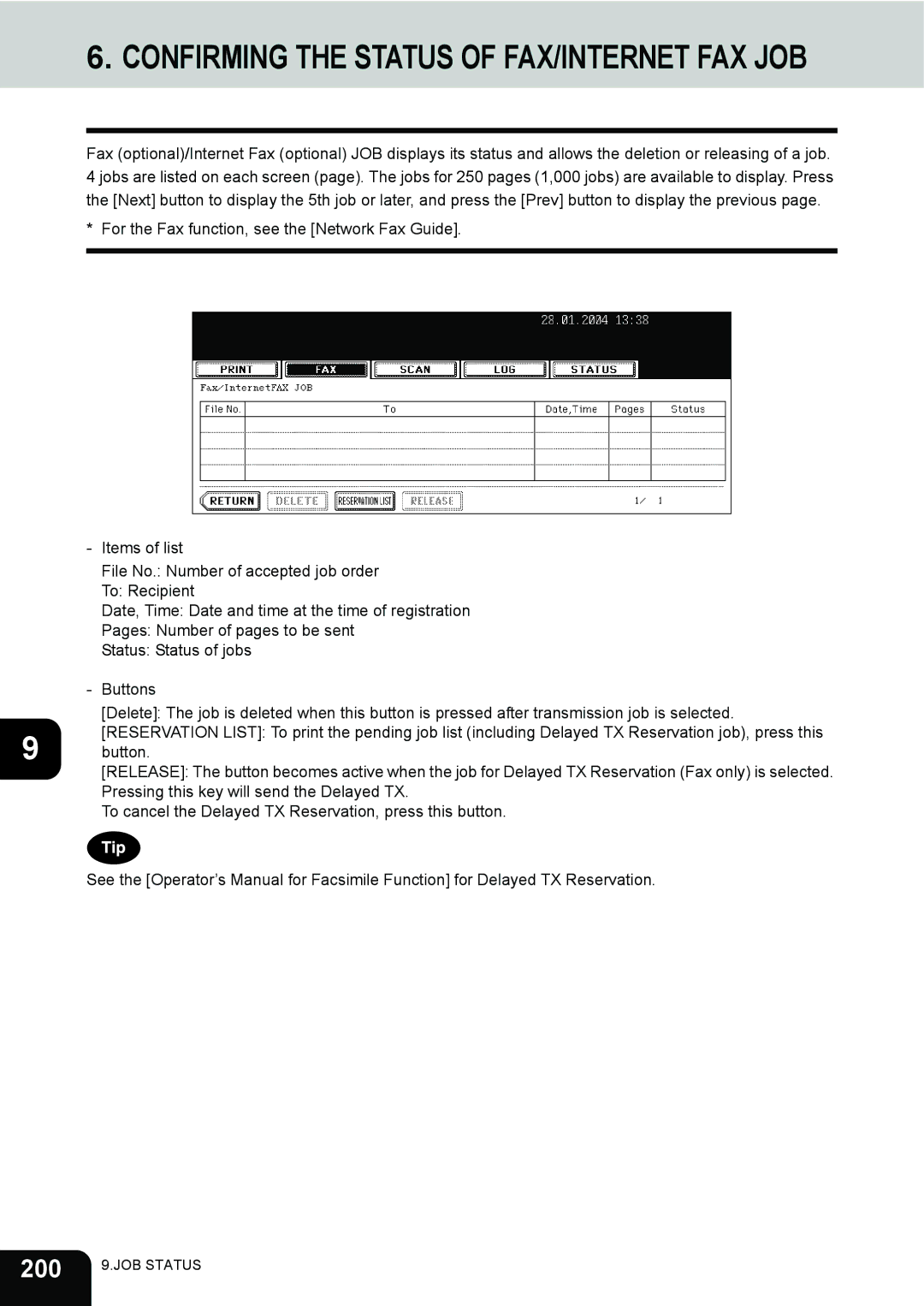 Toshiba 230, 280 manual Confirming the Status of FAX/INTERNET FAX JOB, 200 