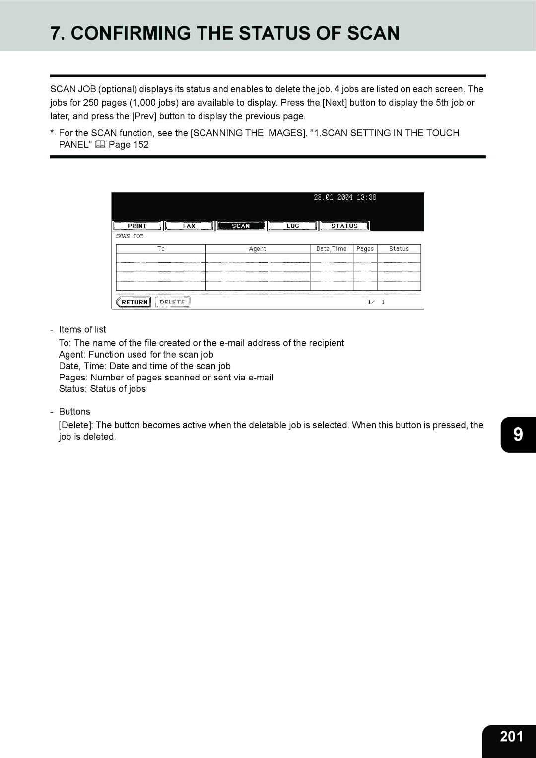 Toshiba 280, 230 manual Confirming the Status of Scan, 201 