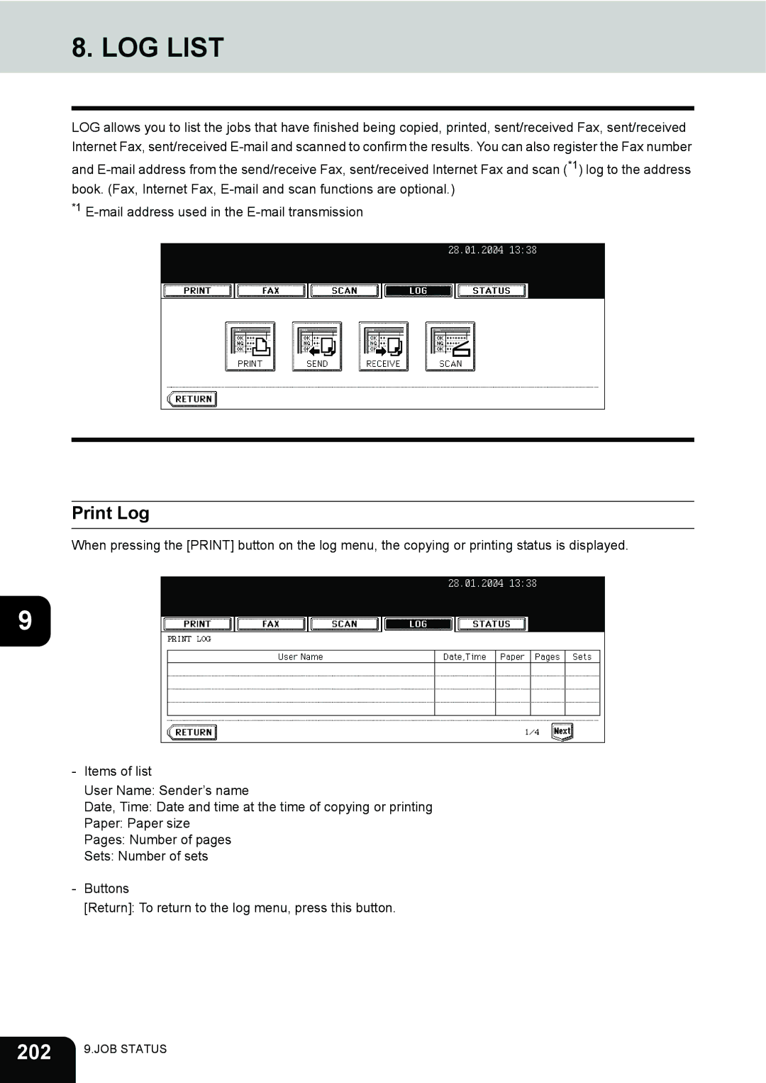 Toshiba 230, 280 manual LOG List, 202, Print Log 