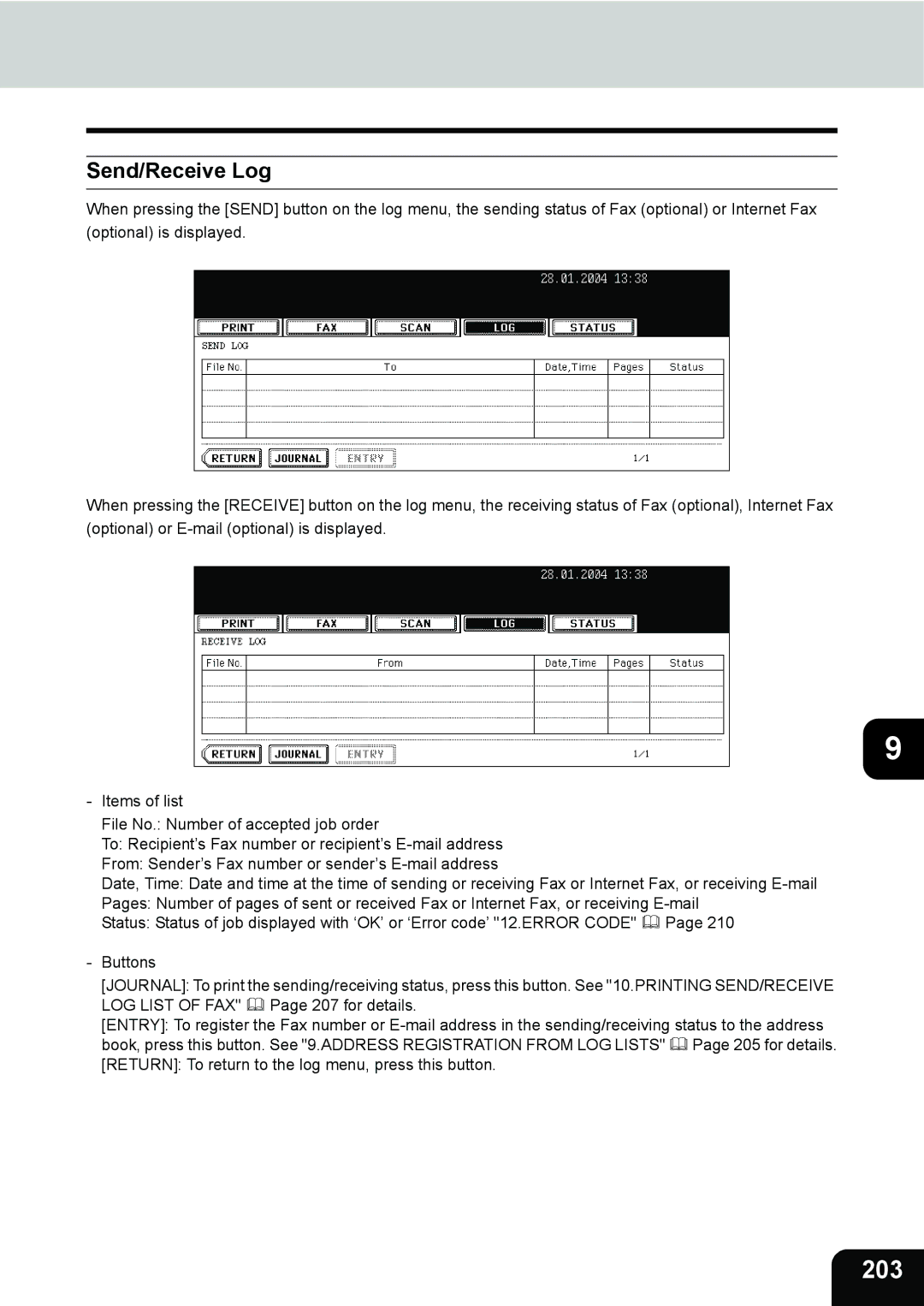 Toshiba 280, 230 manual 203, Send/Receive Log 