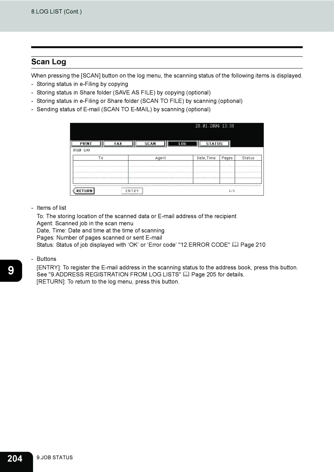 Toshiba 230, 280 manual 204, Scan Log 