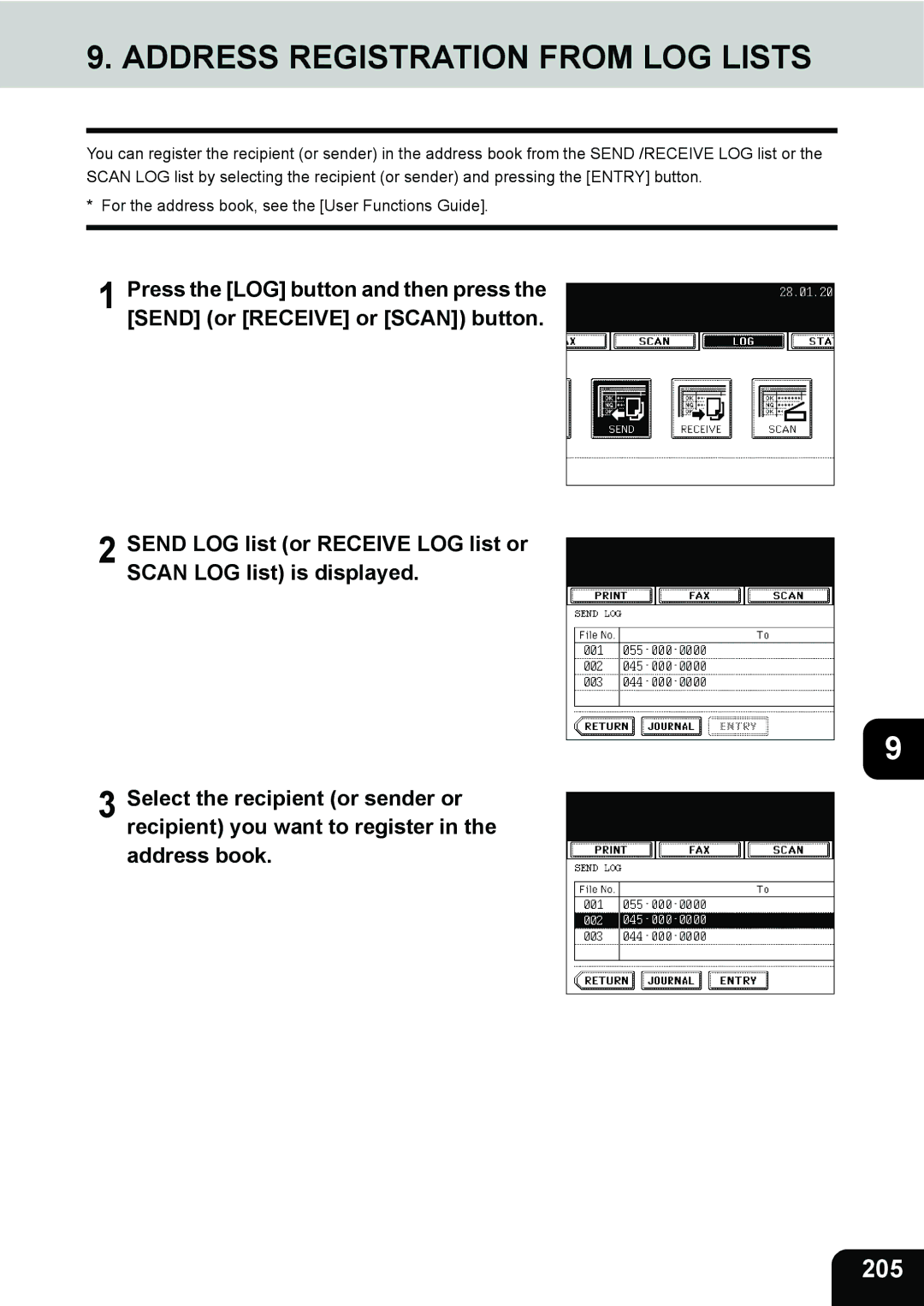 Toshiba 280, 230 manual Address Registration from LOG Lists, 205 