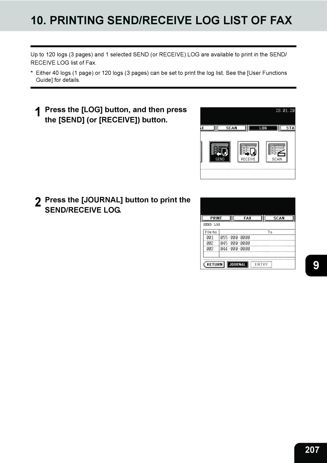 Toshiba 280, 230 manual Printing SEND/RECEIVE LOG List of FAX, 207 