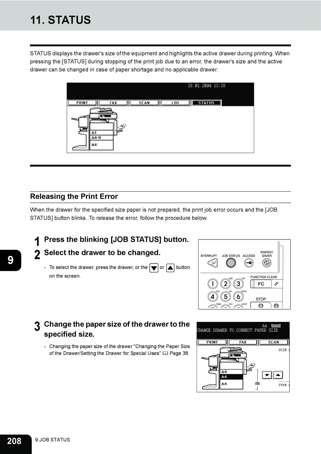 Toshiba 230, 280 manual Status, 208, Releasing the Print Error, Change the paper size of the drawer to the specified size 