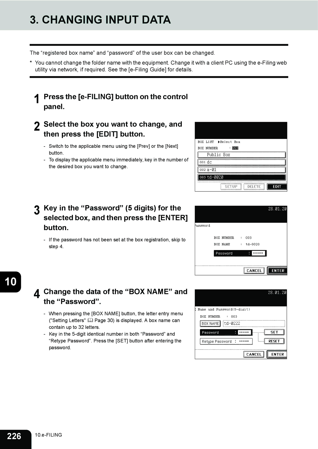 Toshiba 230, 280 manual Changing Input Data, Change the data of the BOX Name and the Password 