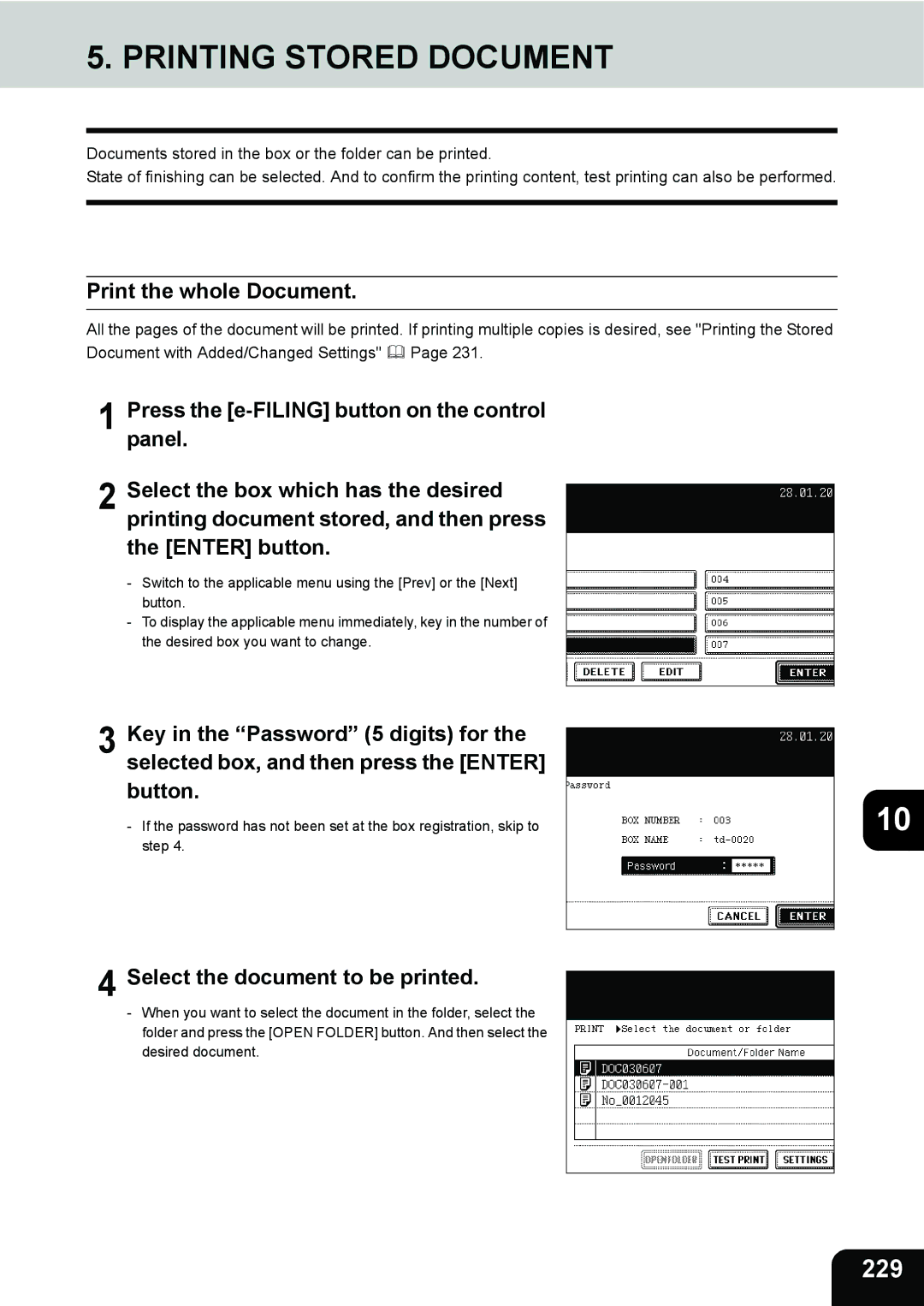 Toshiba 280, 230 manual Printing Stored Document, 229, Print the whole Document, Select the document to be printed 