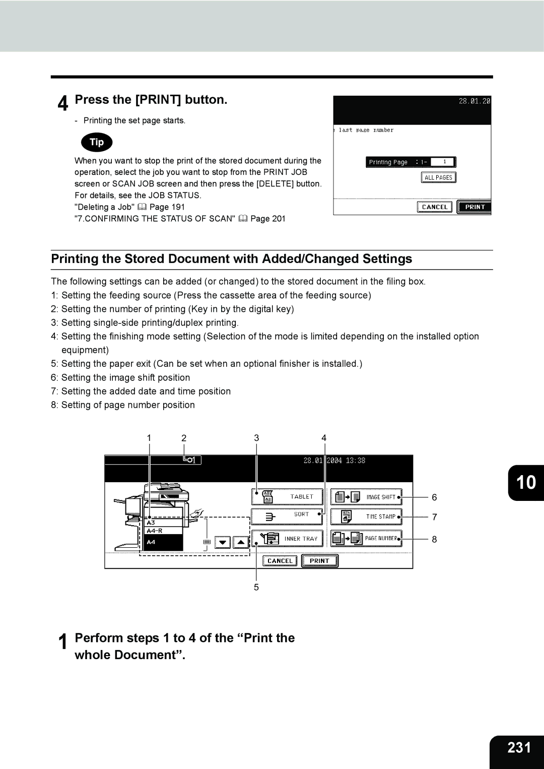 Toshiba 280, 230 manual 231, Printing the Stored Document with Added/Changed Settings 