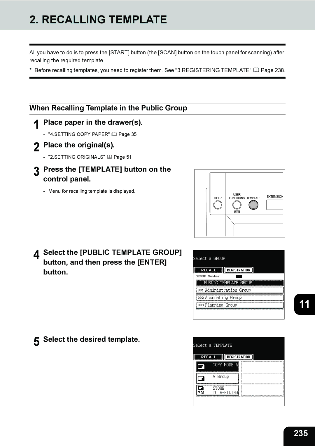 Toshiba 280, 230 manual Recalling Template, 235 