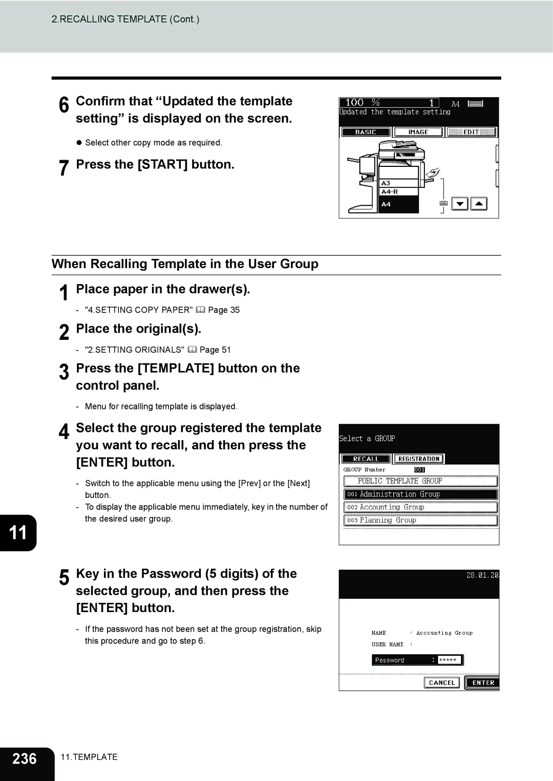 Toshiba 230, 280 manual Recalling Template 