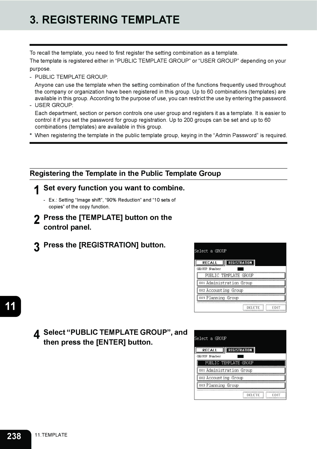 Toshiba 230, 280 manual Registering Template, Public Template Group, User Group 