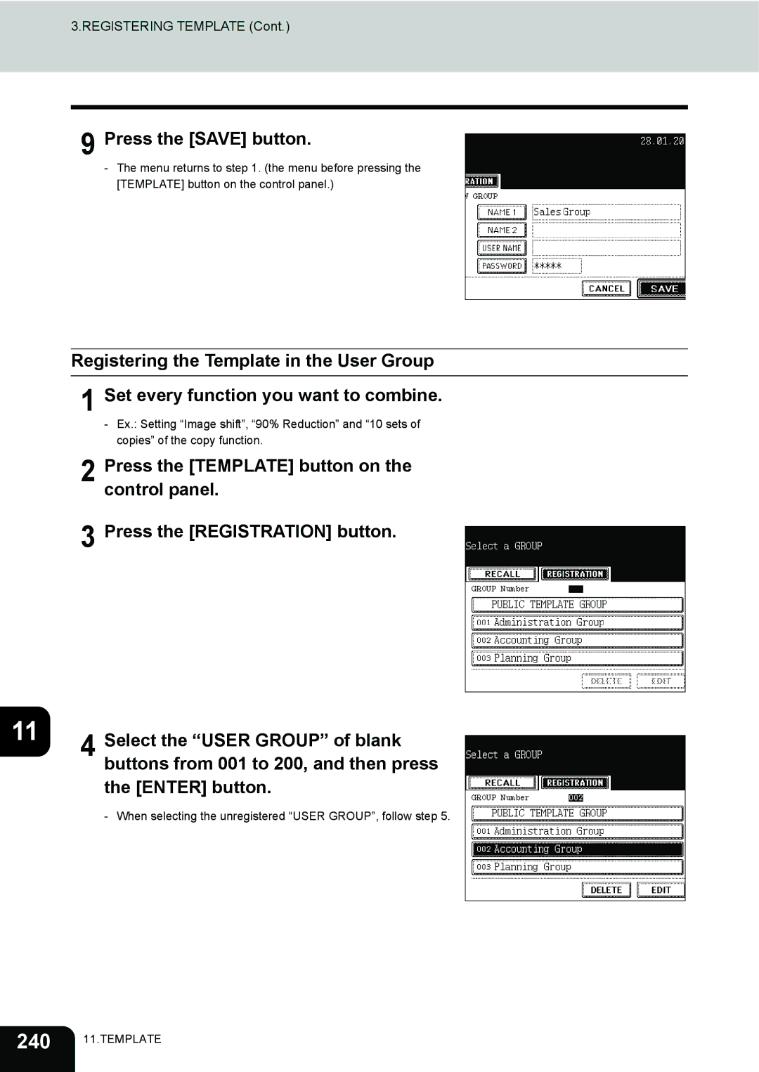 Toshiba 230, 280 manual Press the Save button, Registering the Template in the User Group 