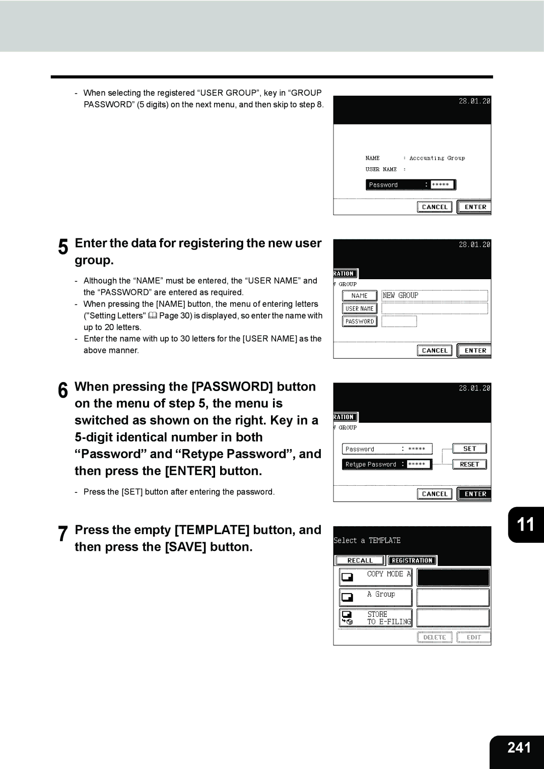 Toshiba 280, 230 manual 241, Enter the data for registering the new user group 