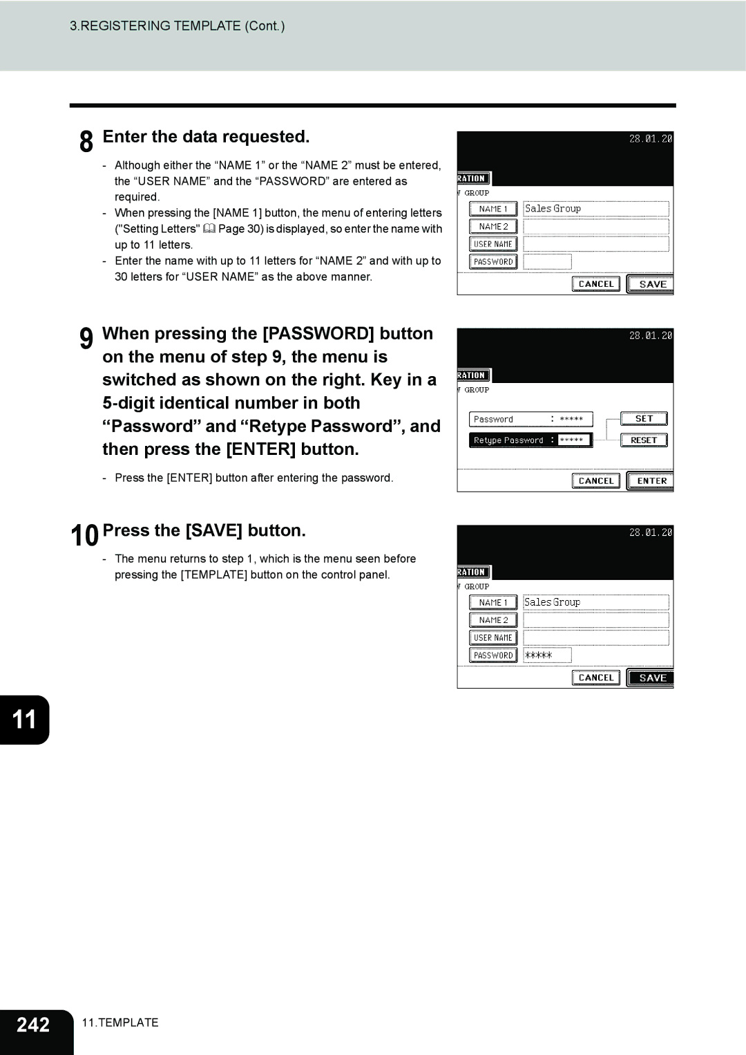 Toshiba 230, 280 manual Enter the data requested, 10Press the Save button 