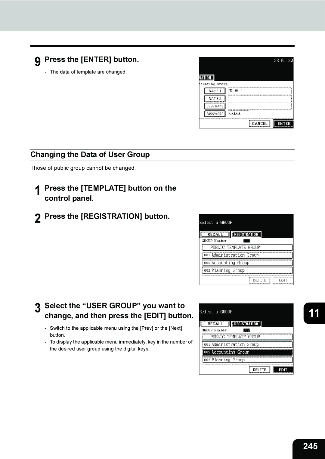 Toshiba 280, 230 manual 245, Changing the Data of User Group 