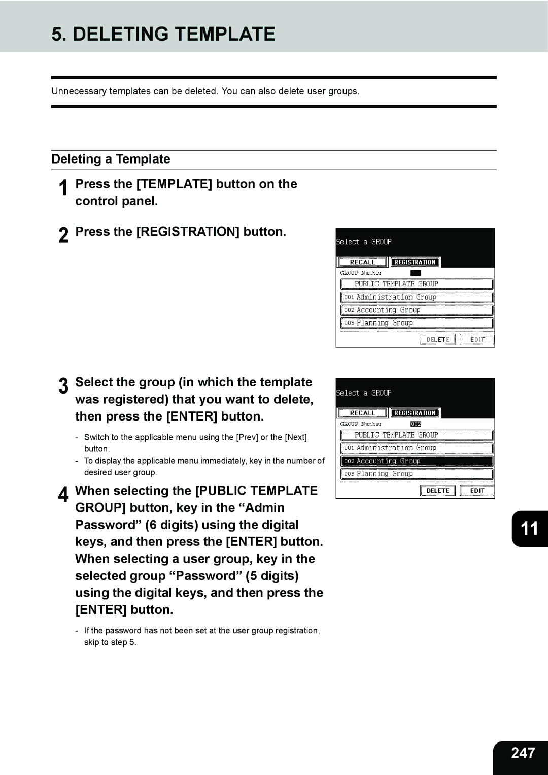 Toshiba 280, 230 manual Deleting Template, 247 