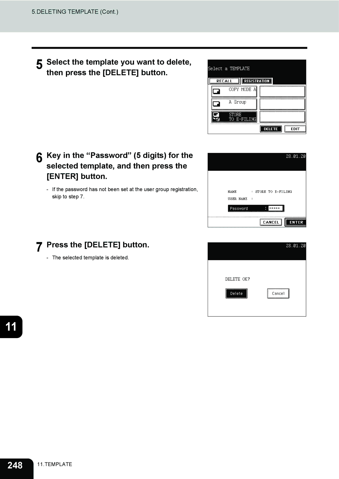 Toshiba 230, 280 manual Deleting Template 