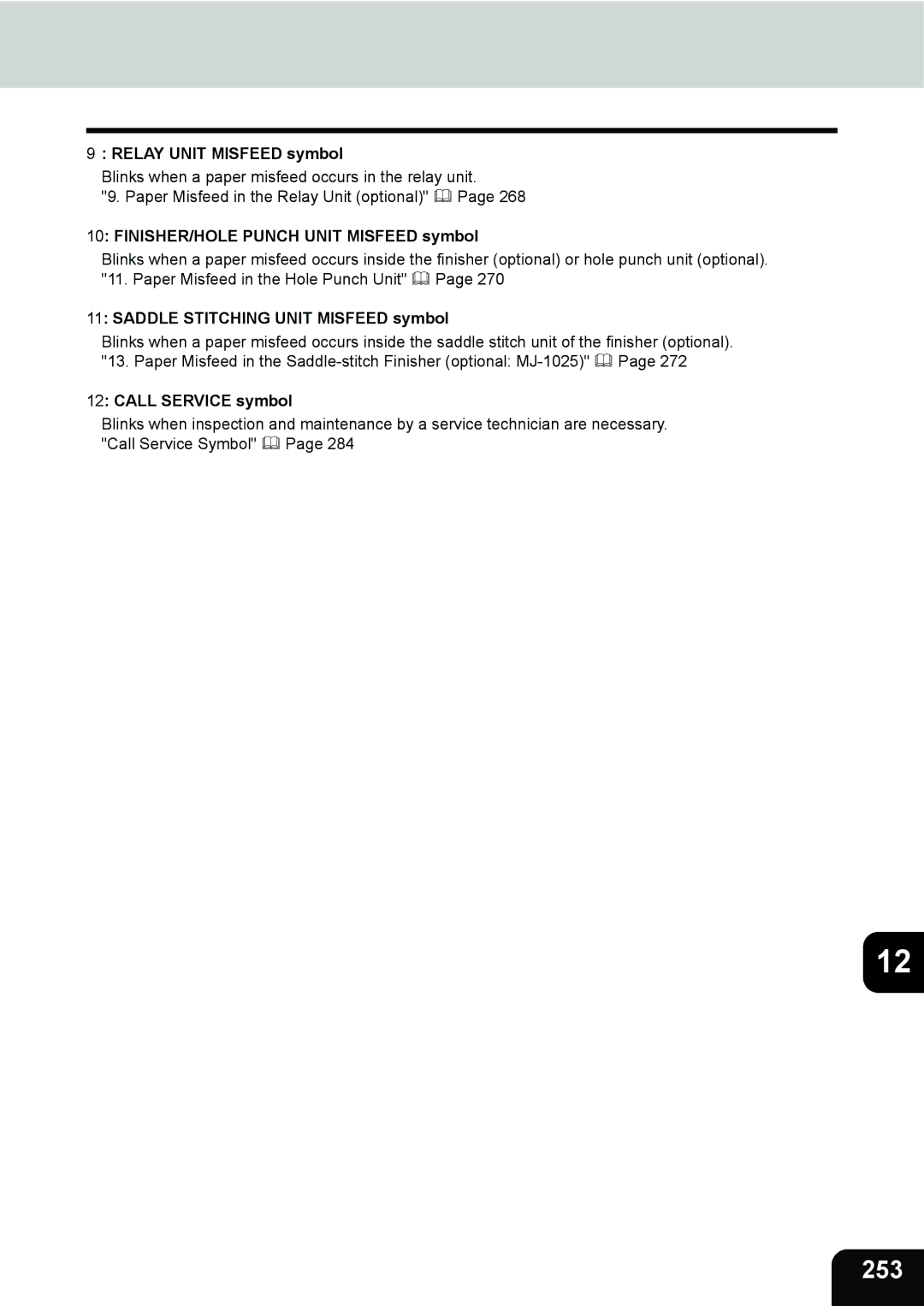 Toshiba 280 253, Relay Unit Misfeed symbol, FINISHER/HOLE Punch Unit Misfeed symbol, Saddle Stitching Unit Misfeed symbol 
