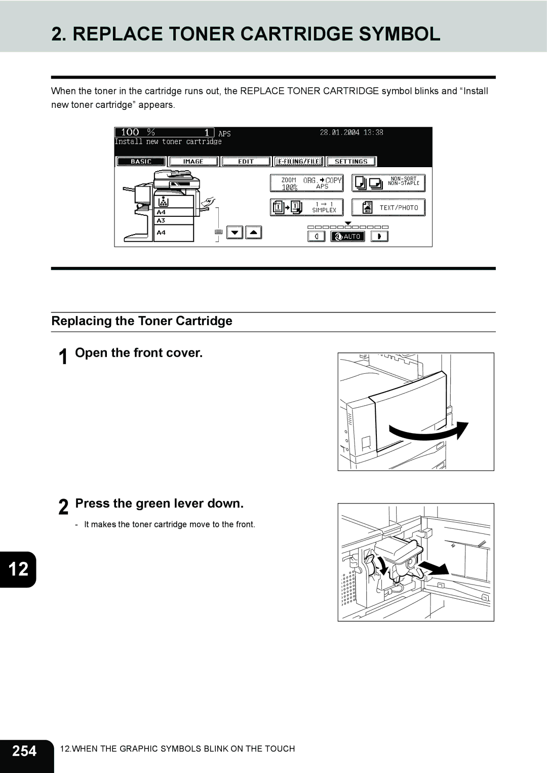 Toshiba 230, 280 manual Replace Toner Cartridge Symbol, 254 