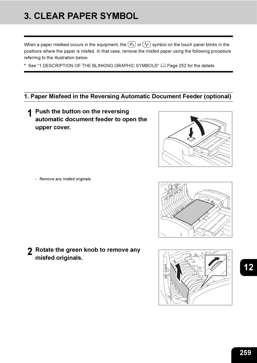 Toshiba 280, 230 manual Clear Paper Symbol, 259, Rotate the green knob to remove any misfed originals 