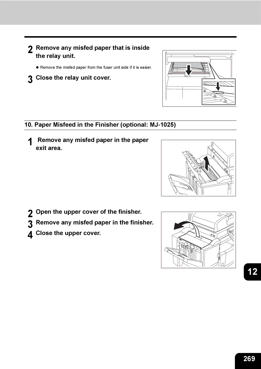 Toshiba 280, 230 manual 269, Remove any misfed paper that is inside the relay unit 