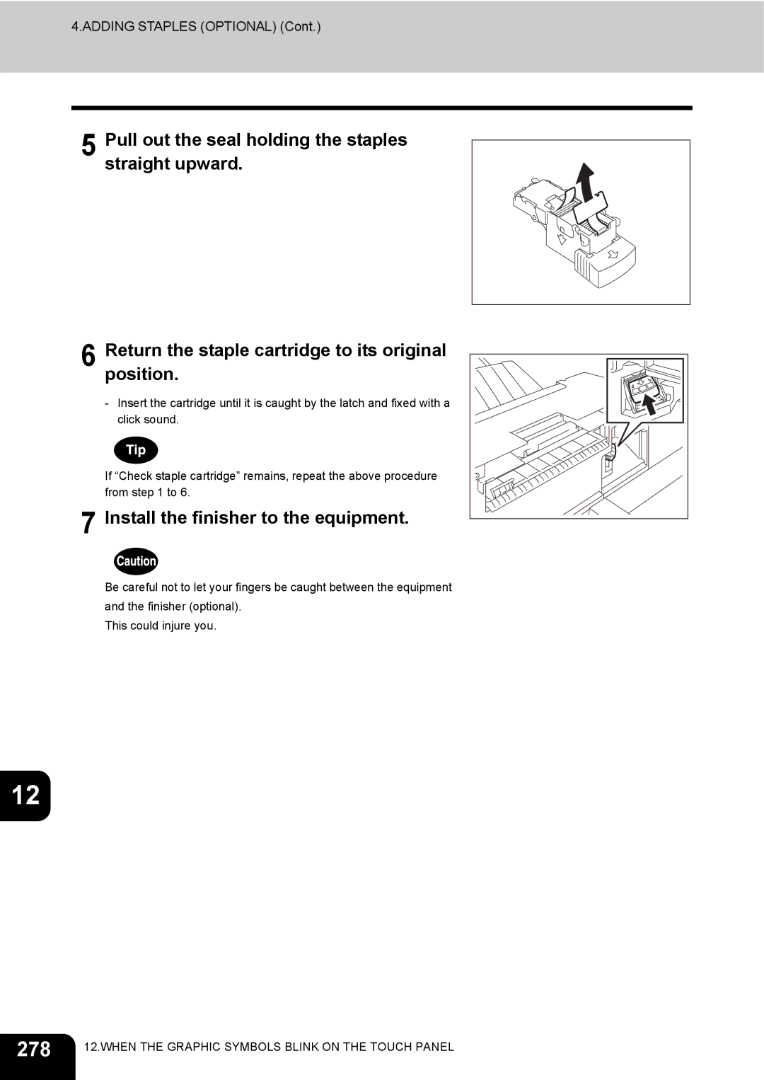 Toshiba 230, 280 manual 278, Install the finisher to the equipment 