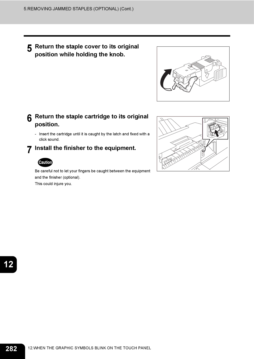 Toshiba 230, 280 manual 282, Install the finisher to the equipment 