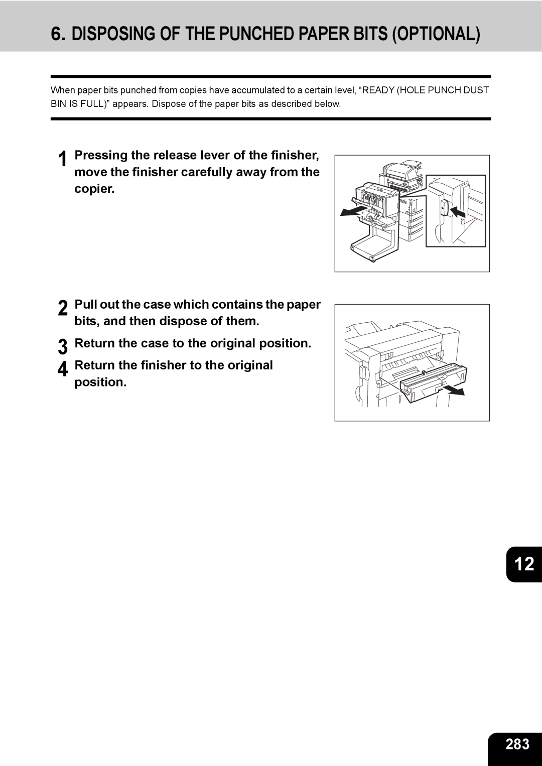 Toshiba 280, 230 manual Disposing of the Punched Paper Bits Optional, 283 