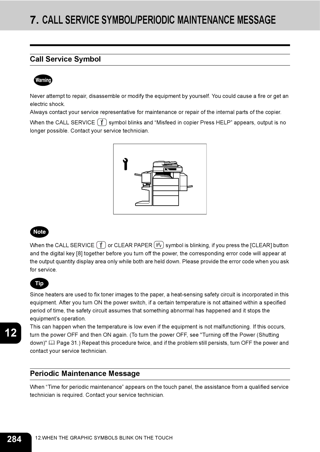 Toshiba 230, 280 manual 284, Call Service Symbol, Periodic Maintenance Message 