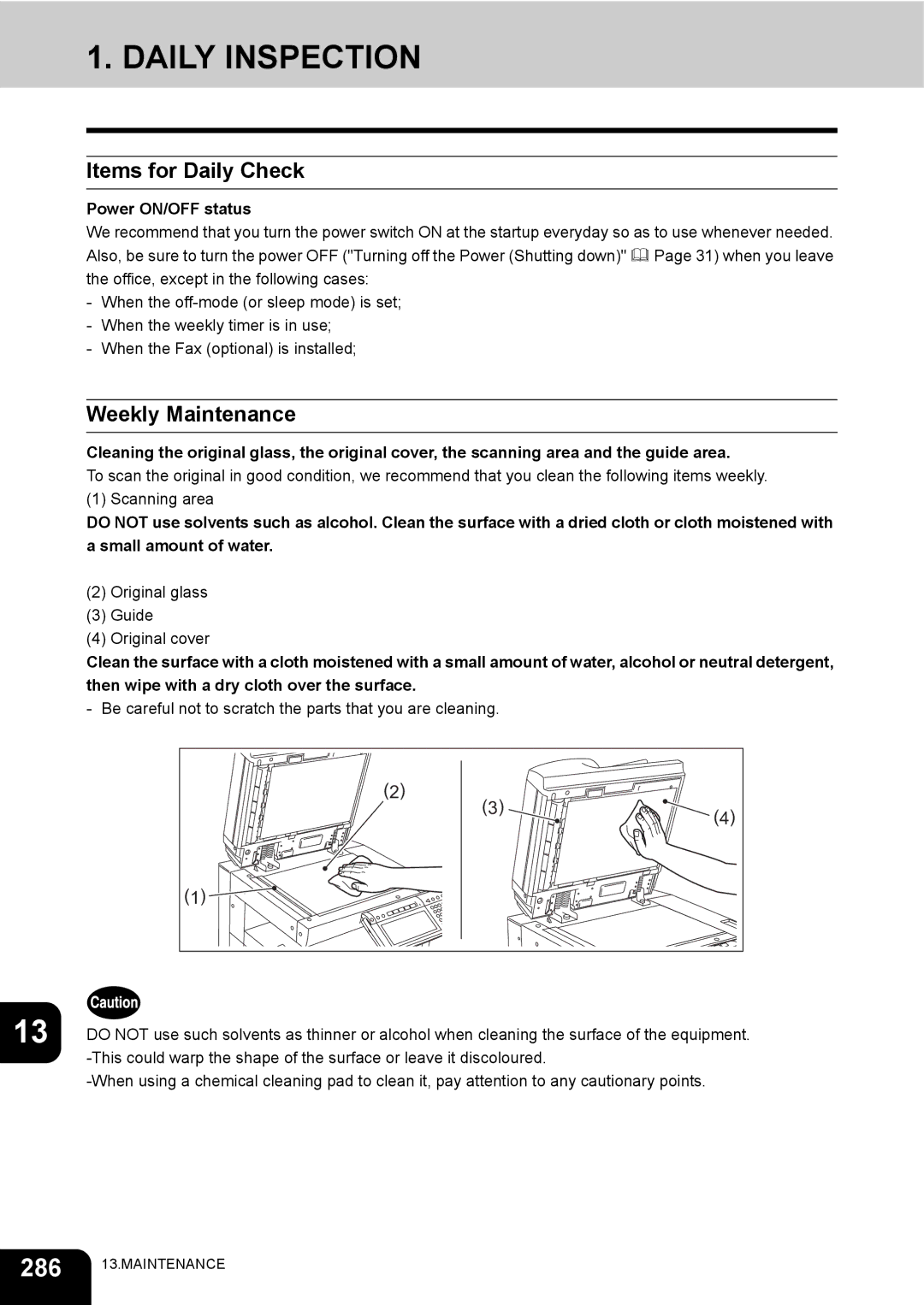 Toshiba 230, 280 manual Daily Inspection, Items for Daily Check, Weekly Maintenance, Power ON/OFF status 