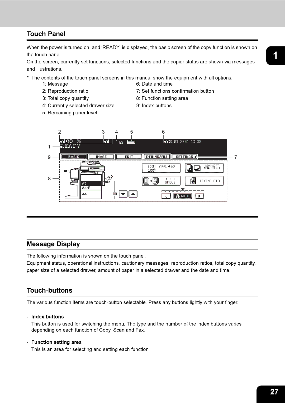 Toshiba 280, 230 manual Touch Panel, Message Display, Touch-buttons, Index buttons, Function setting area 