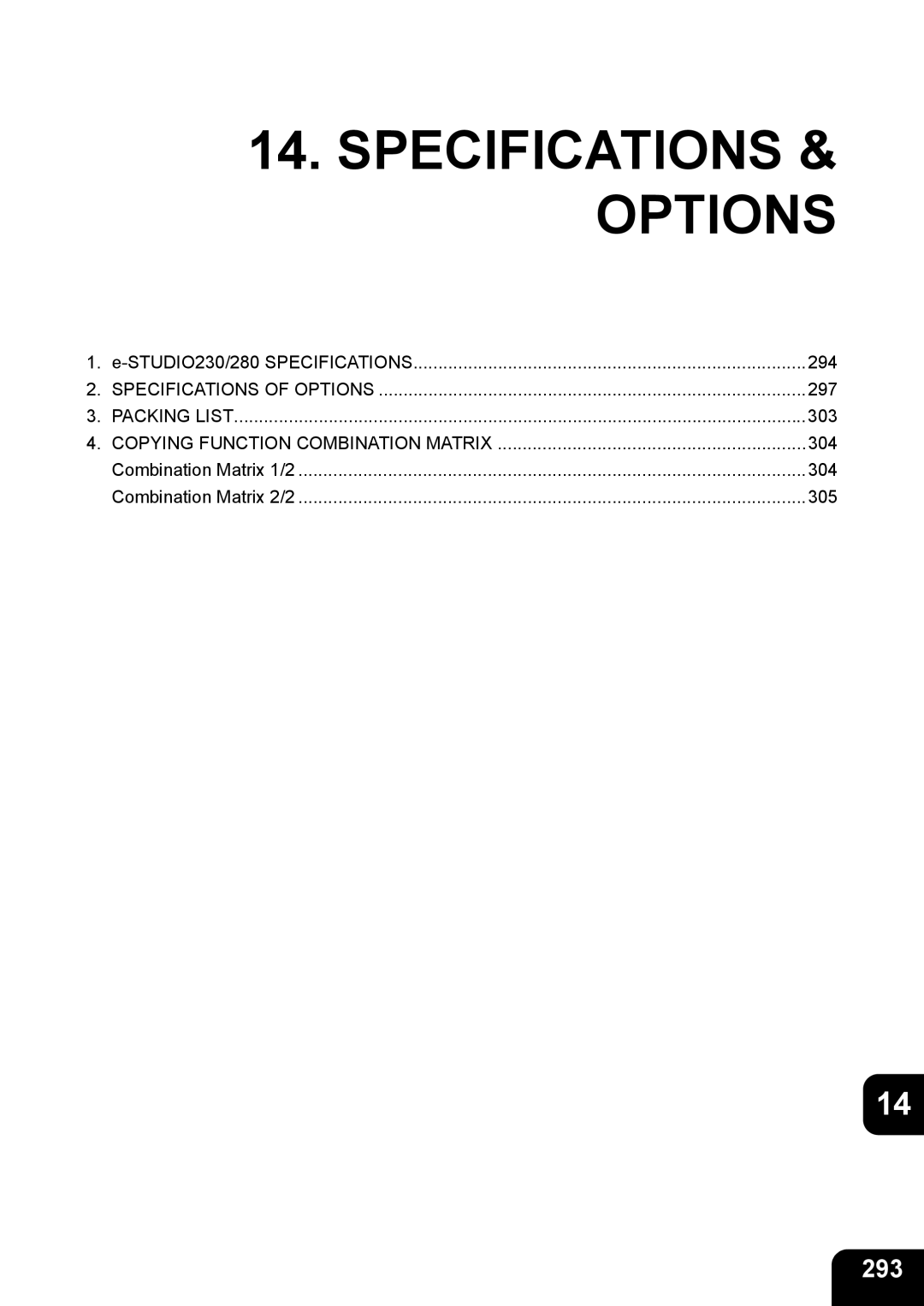 Toshiba 280, 230 manual Specifications & Options, 293 