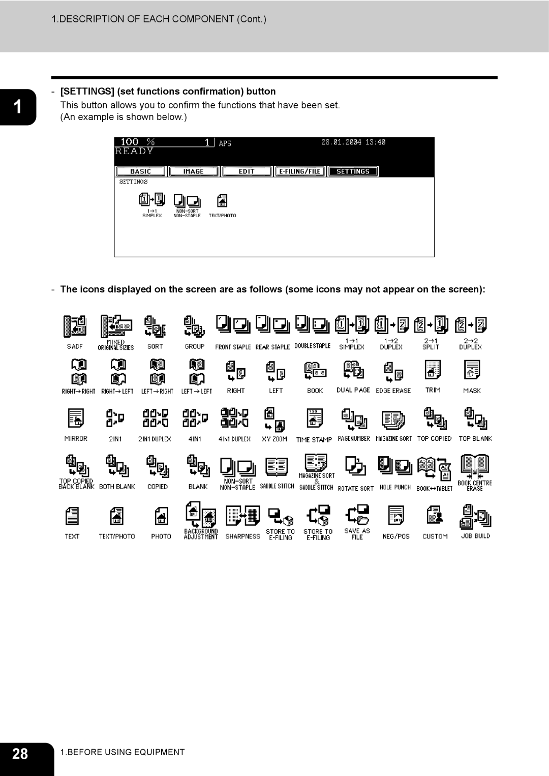 Toshiba 230, 280 manual Settings set functions confirmation button 