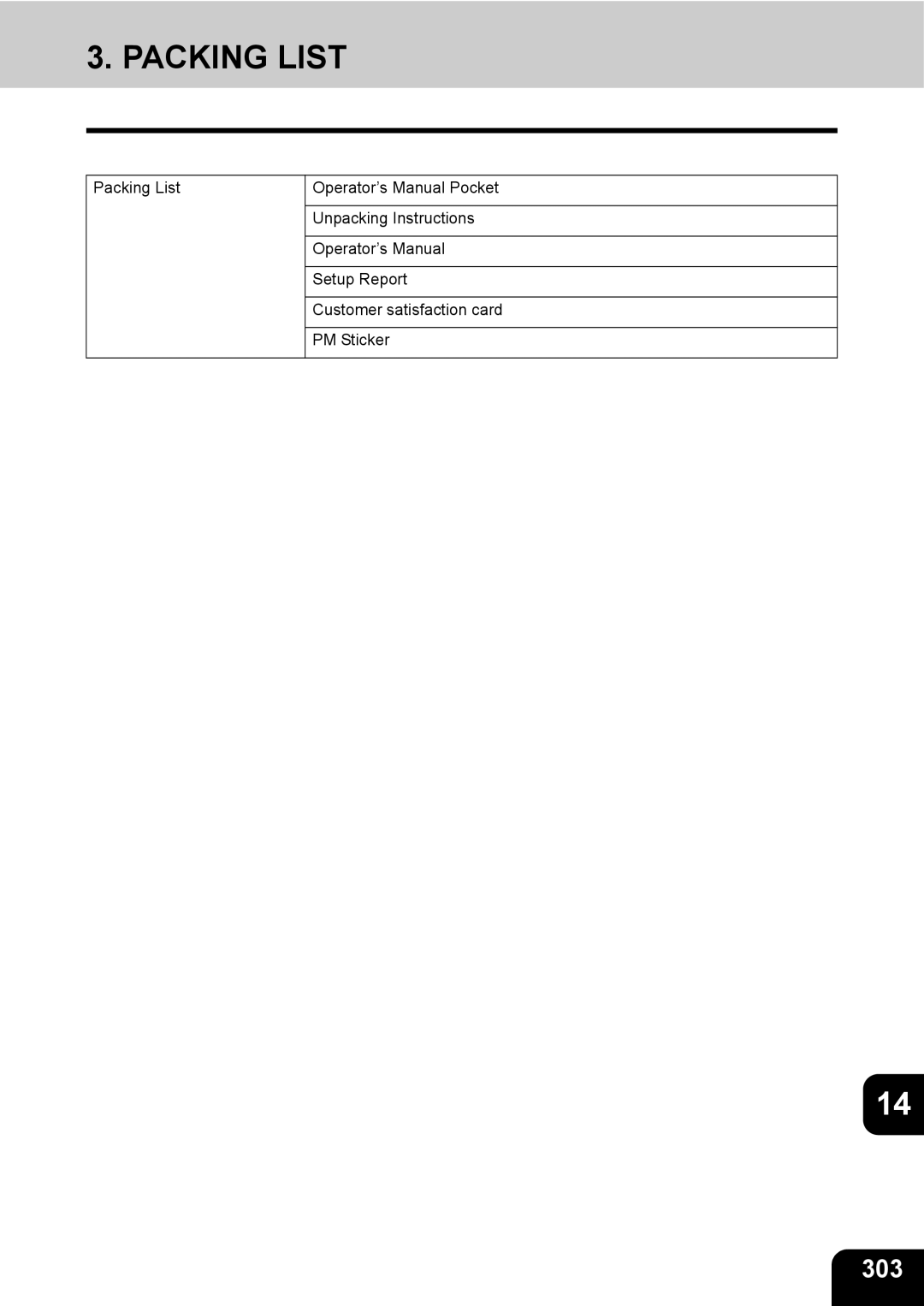 Toshiba 280, 230 manual Packing List, 303 