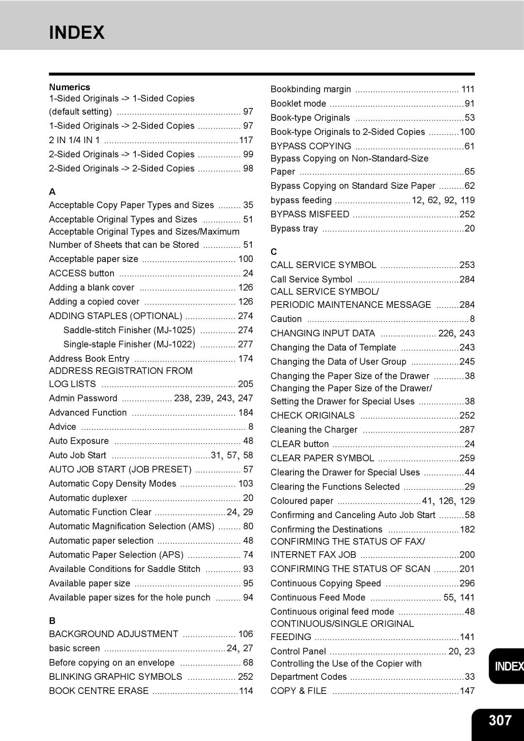 Toshiba 280, 230 manual Index, 307, Numerics 