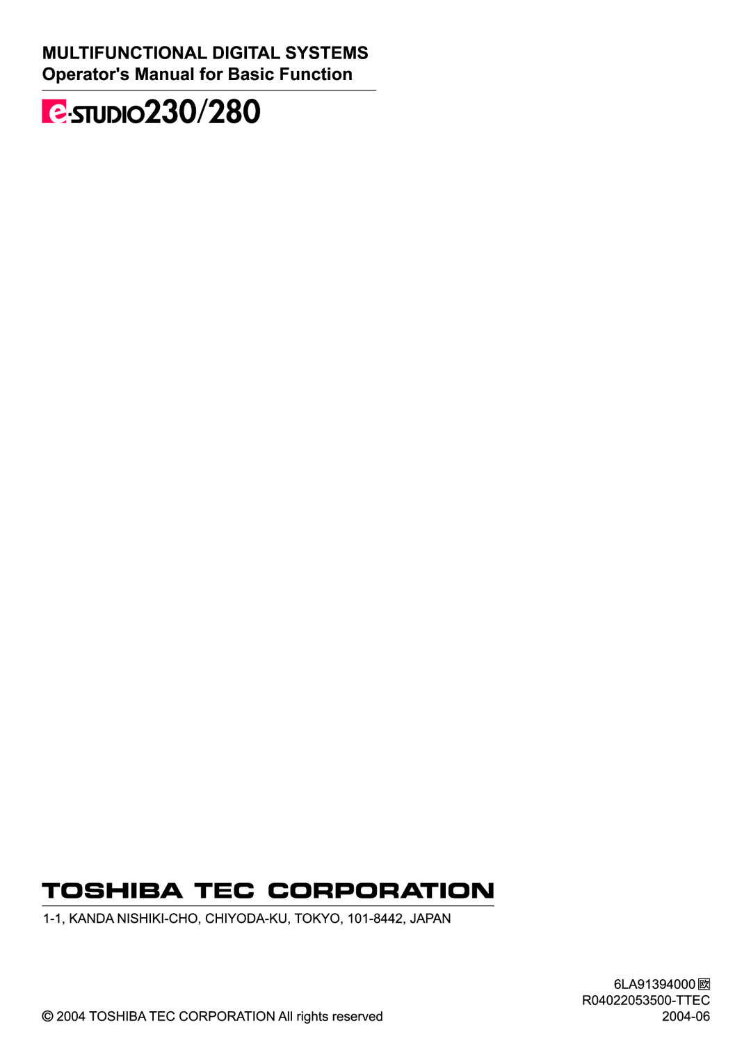 Toshiba 230, 280 manual 