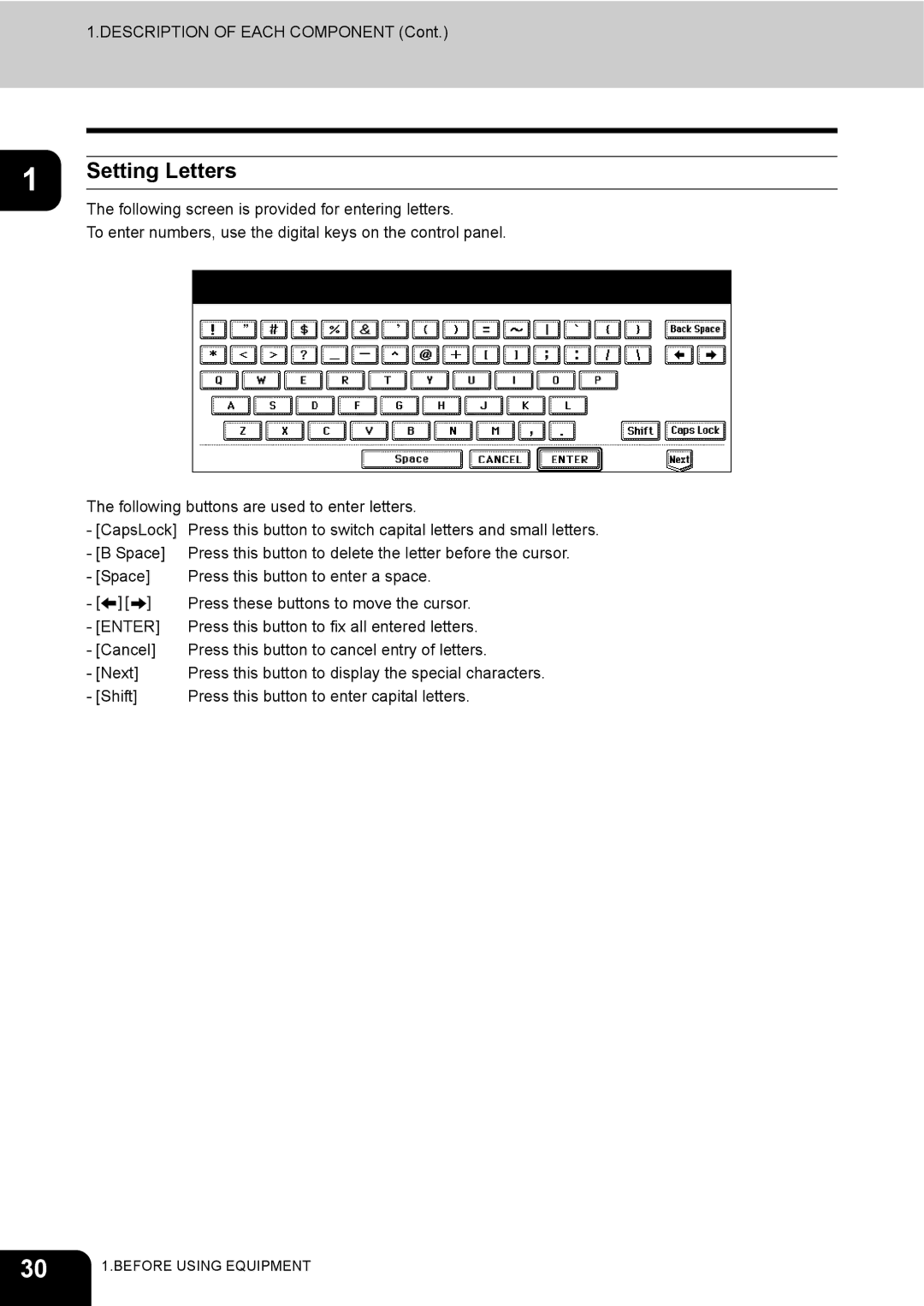 Toshiba 230, 280 manual Setting Letters, Enter 