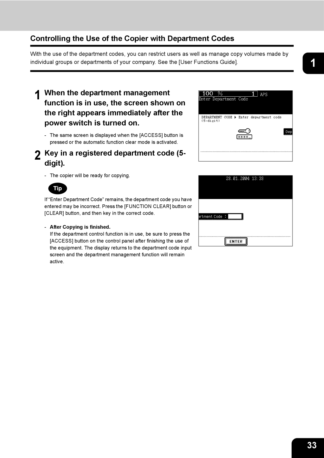 Toshiba 280, 230 Controlling the Use of the Copier with Department Codes, Key in a registered department code 5- digit 