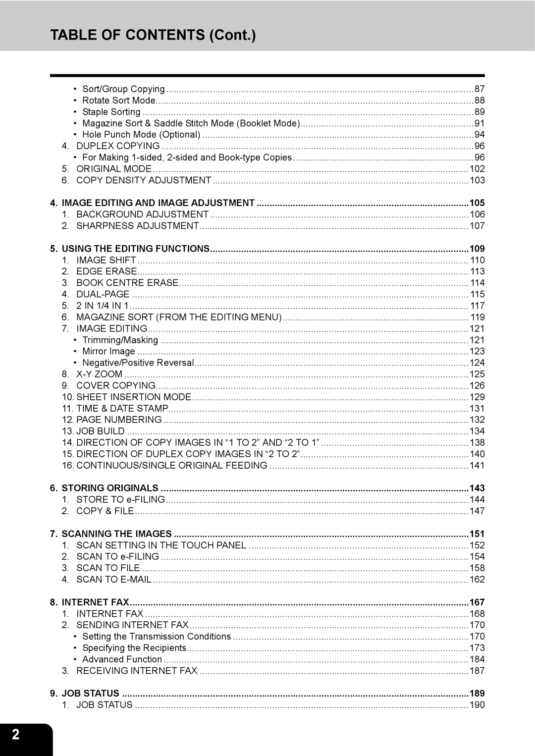 Toshiba 230, 280 manual Table of Contents 