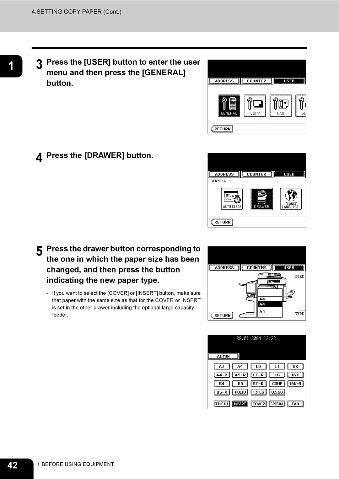 Toshiba 230, 280 manual Setting Copy Paper 