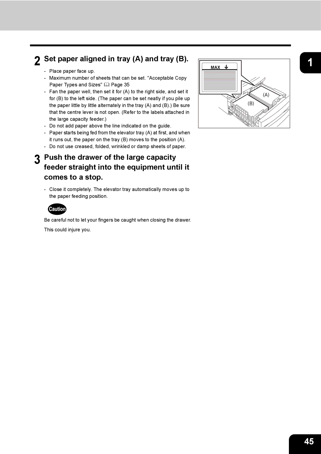 Toshiba 280, 230 manual Set paper aligned in tray a and tray B 