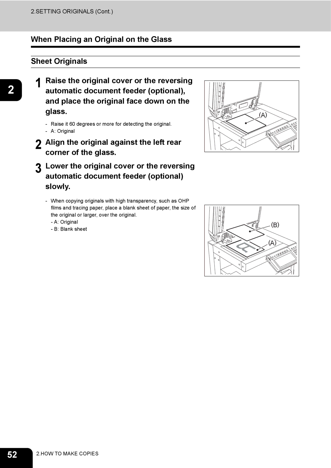 Toshiba 230, 280 manual Setting Originals 