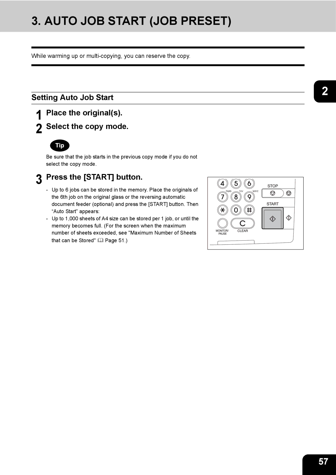 Toshiba 280, 230 manual Auto JOB Start JOB Preset, Setting Auto Job Start, Place the originals Select the copy mode 