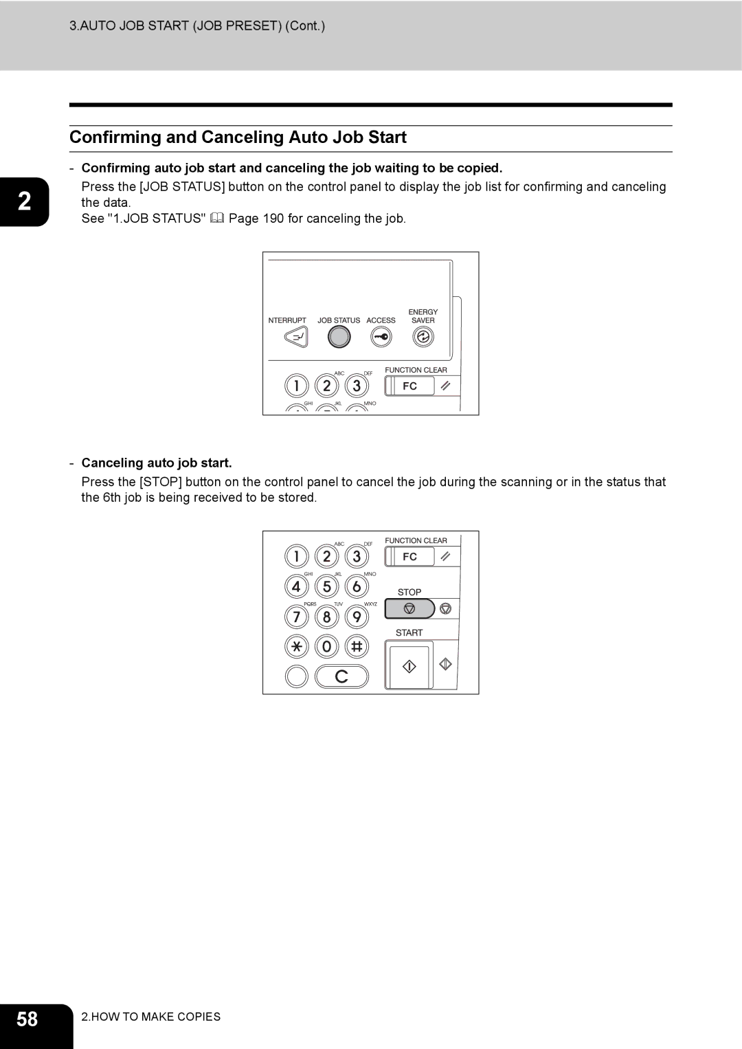 Toshiba 230, 280 manual Confirming and Canceling Auto Job Start, Canceling auto job start 