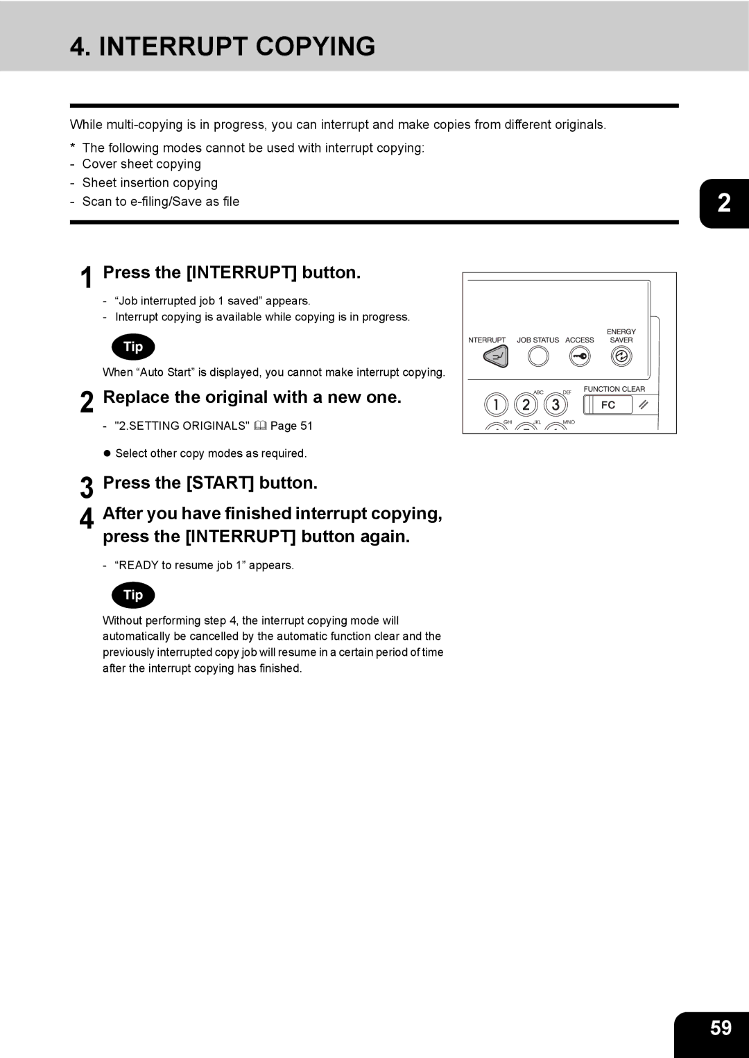 Toshiba 280, 230 manual Interrupt Copying, Press the Interrupt button, Replace the original with a new one 