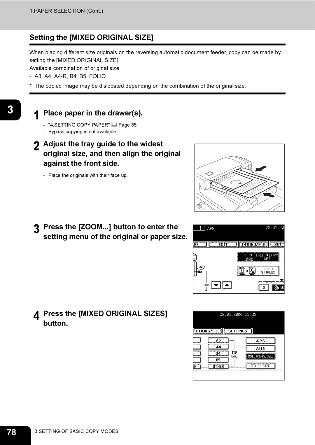 Toshiba 230, 280 manual Setting the Mixed Original Size, Place paper in the drawers 