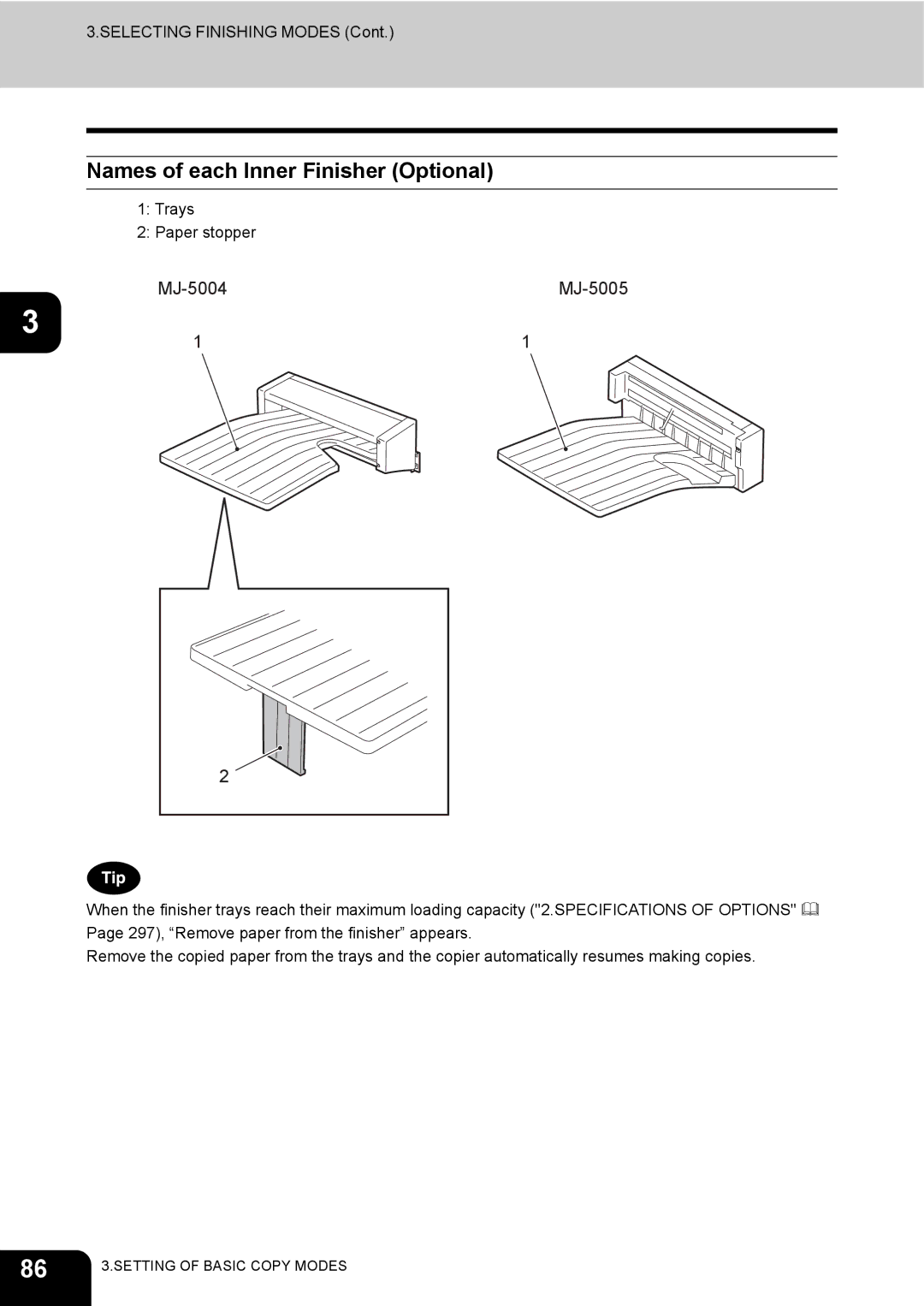 Toshiba 230, 280 manual Names of each Inner Finisher Optional, MJ-5004 MJ-5005 