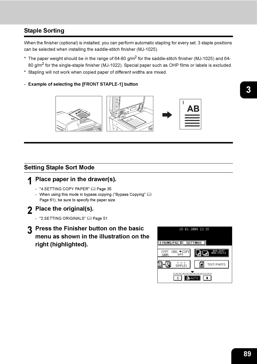 Toshiba 280, 230 manual Staple Sorting, Setting Staple Sort Mode Place paper in the drawers 